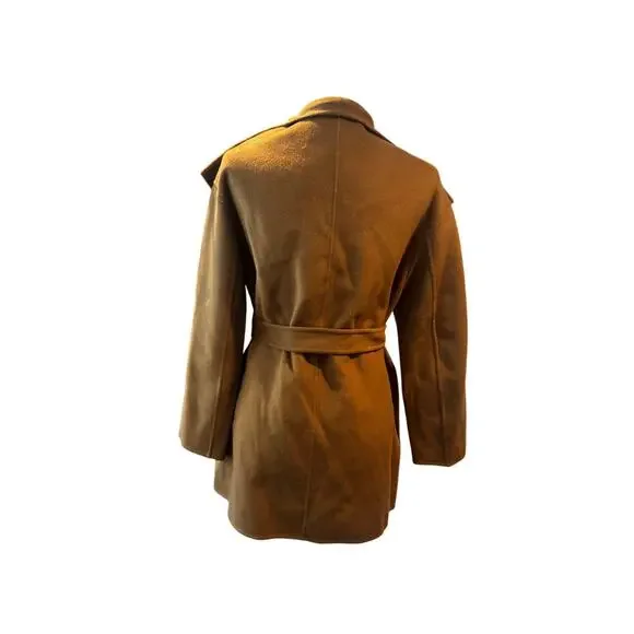 Goelia “Coffee Brown” Wrap Coat L 100% Wool Shell with Silk-Wool Texture, Belted - Picture 3 of 10